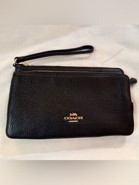 Coach Black Pebbled Leather Zip Wristlet with Gold Logo